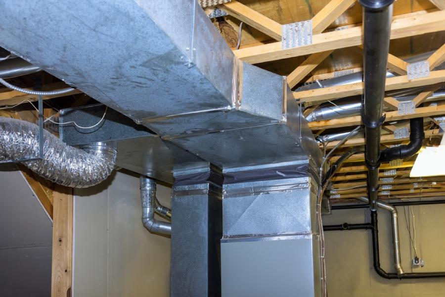 Ductwork in a basement.