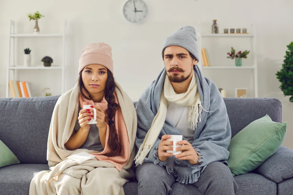 Dissatisfied young couple feeling cold at home